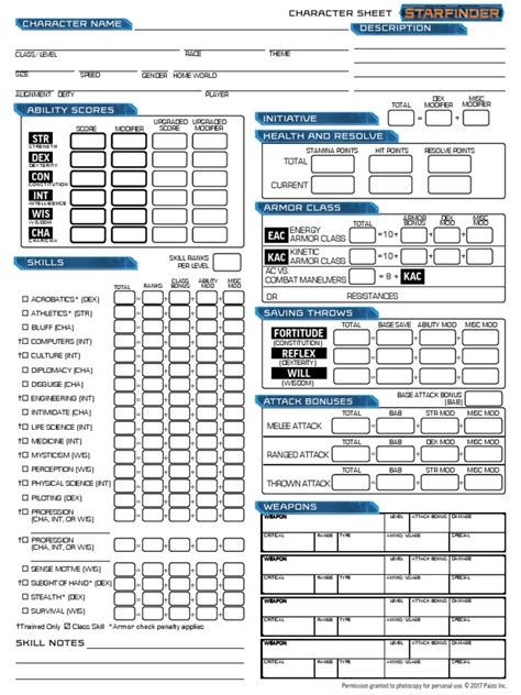 Printable Starfinder Character Sheet
